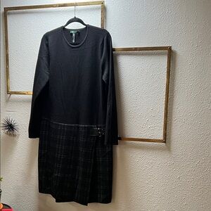 RALPH LAUREN Black Long-Sleeve Crewneck Dress with Plaid Skirt Panel